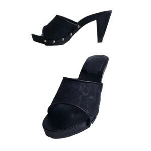 COACH Brenda Womens Shoe Sandal Sz 7 Wood Heel Black Metal Signature Logo A0871